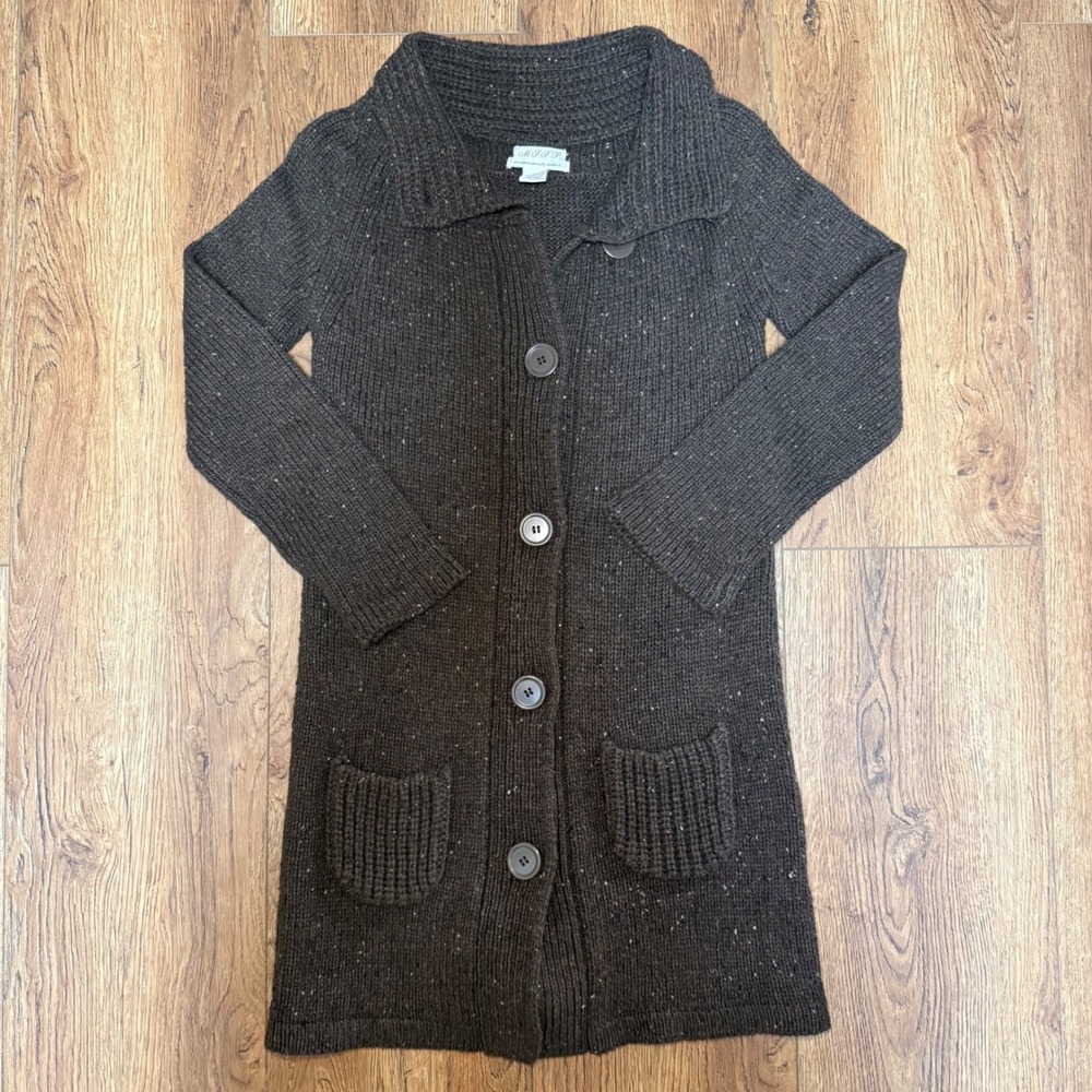 Max Studio Wool Cardigan Sweater Womens XS Brown Speckled Chunky Knit Pockets